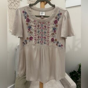 Knox Rose Embroidered Boho Peasant Top Cream Floral Blouse S